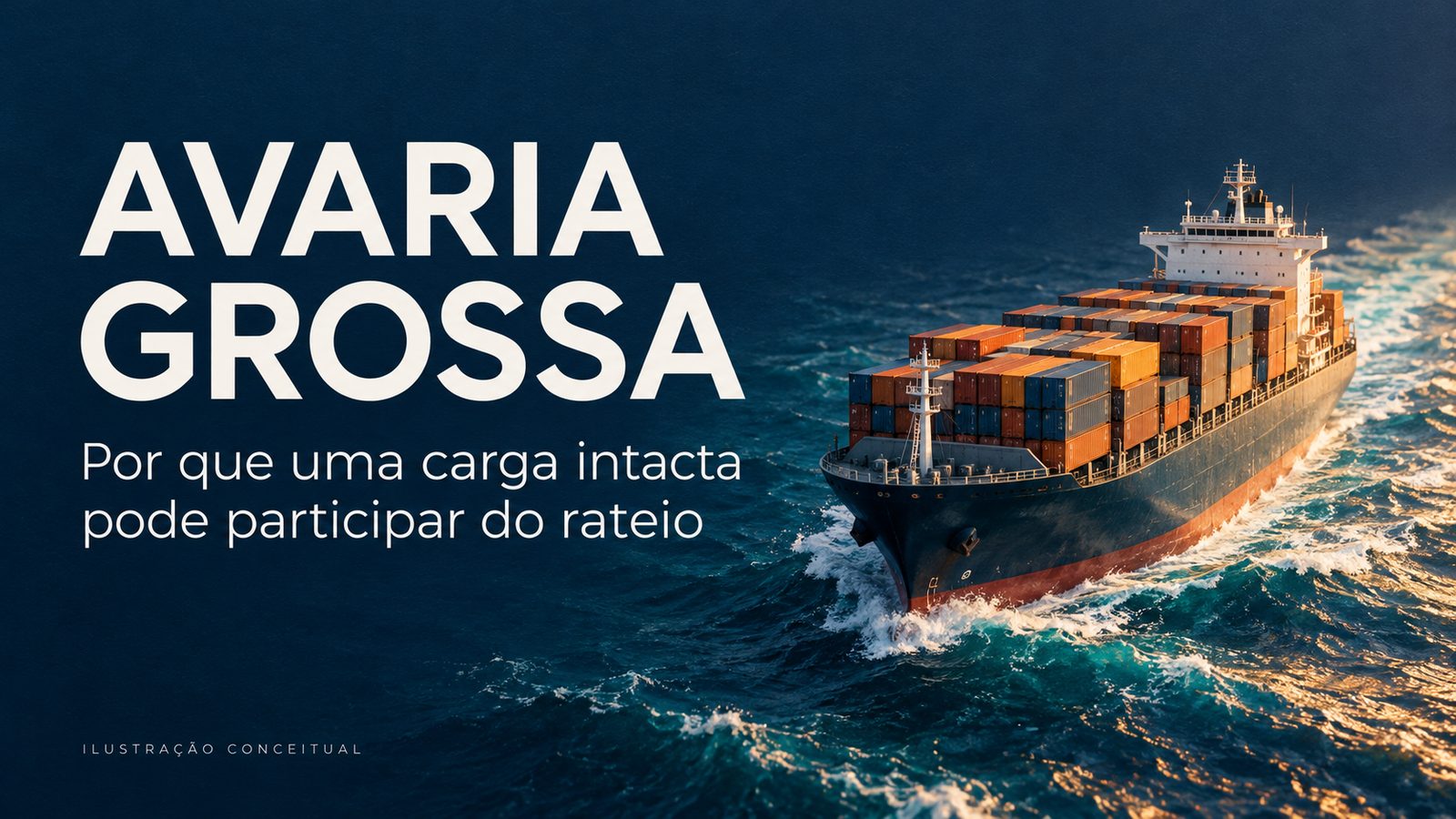 Ilustração conceitual de navio porta-contêineres em alto-mar ao entardecer, com o texto Avaria grossa: por que uma carga intacta pode participar do rateio