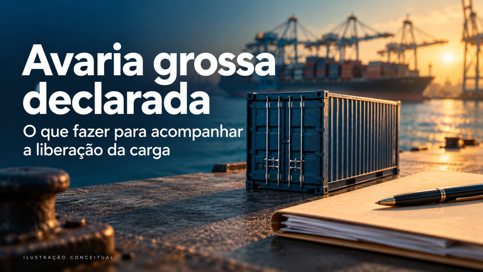 Ilustração conceitual de contêiner em miniatura no cais e documentos sobre uma mesa, com o texto Avaria grossa declarada: o que fazer para acompanhar a liberação da carga