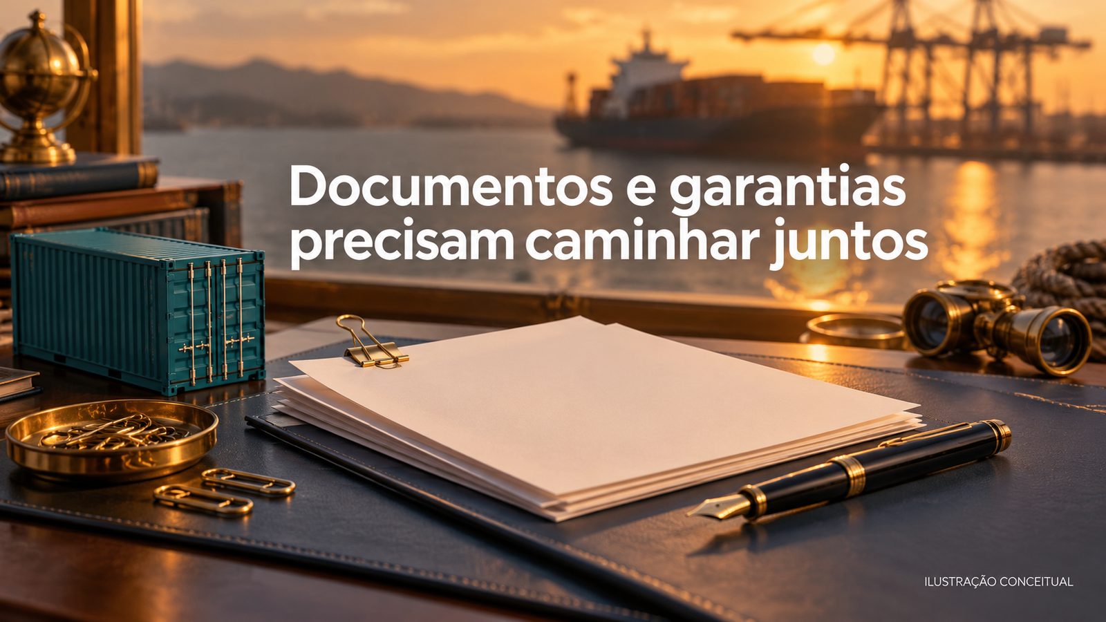 Ilustração conceitual: contêiner em miniatura, documentos e caneta sobre uma mesa, com o texto Documentos e garantias precisam caminhar juntos