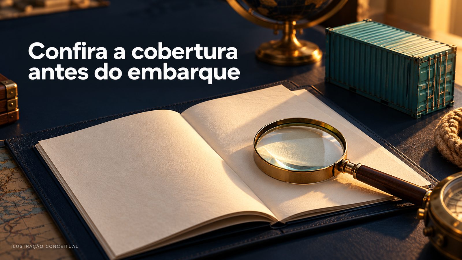 Ilustração conceitual: caderno aberto e lupa sobre uma mesa, com o texto Confira a cobertura antes do embarque