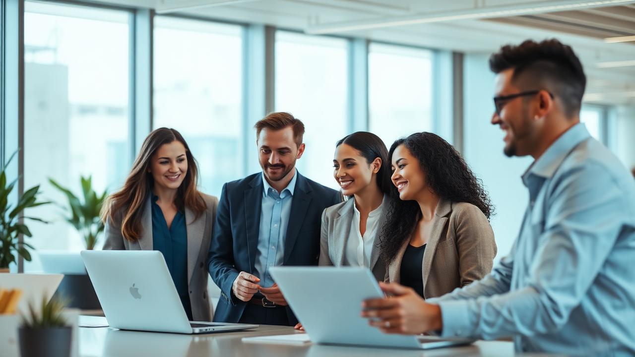 Equipe corporativa diversa colaborando em escritório claro, simbolizando programa de benefícios e vida em grupo