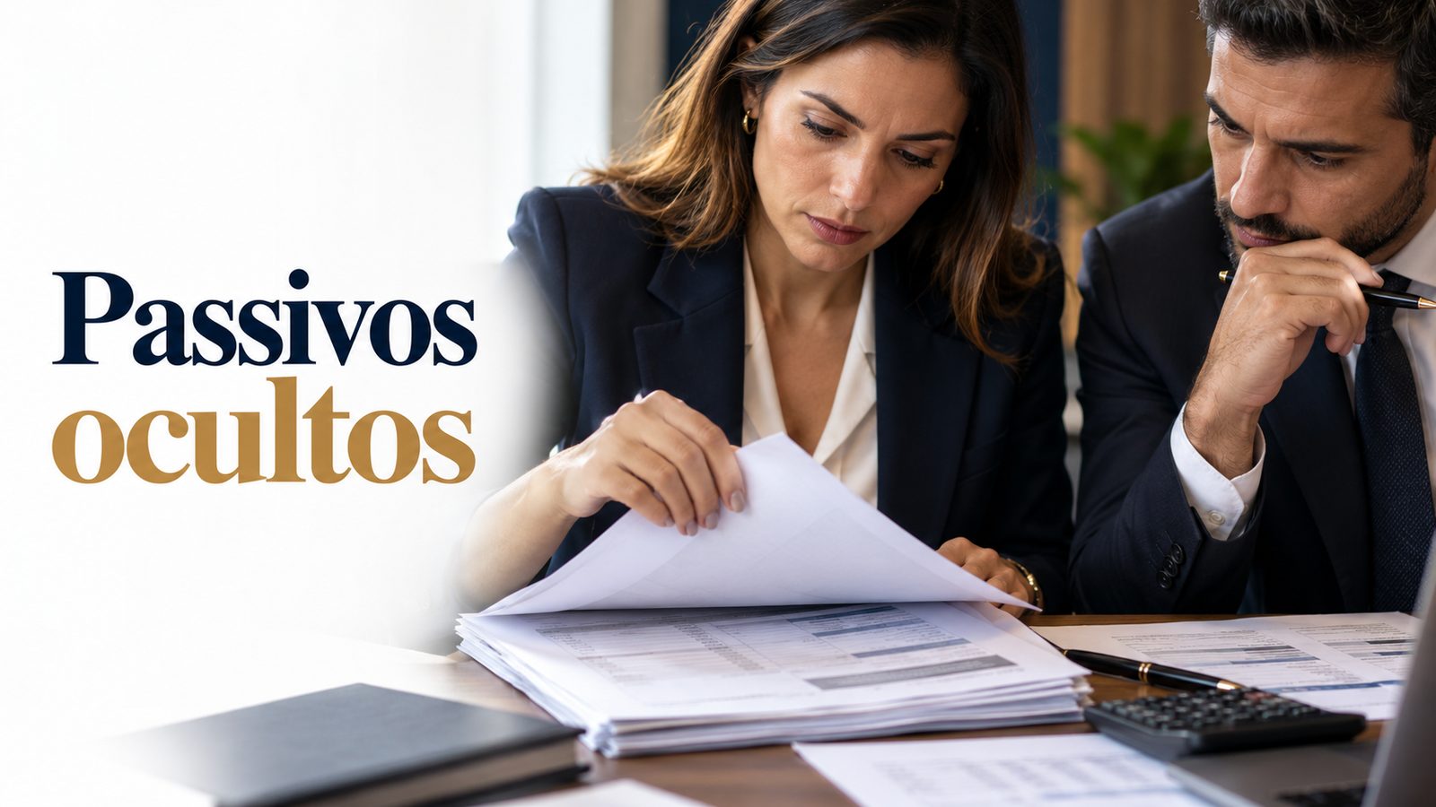Análise de documentos financeiros de uma empresa adquirida, ilustrando passivos ocultos e seguro M&A.