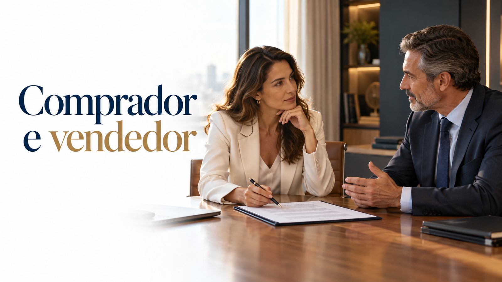 Comprador e vendedor negociando a venda de uma empresa, ilustrando o seguro M&A buyer side e seller side.