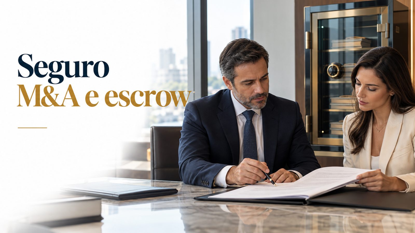 Negociação de garantias na venda de uma empresa, ilustrando seguro M&A e conta garantia (escrow).