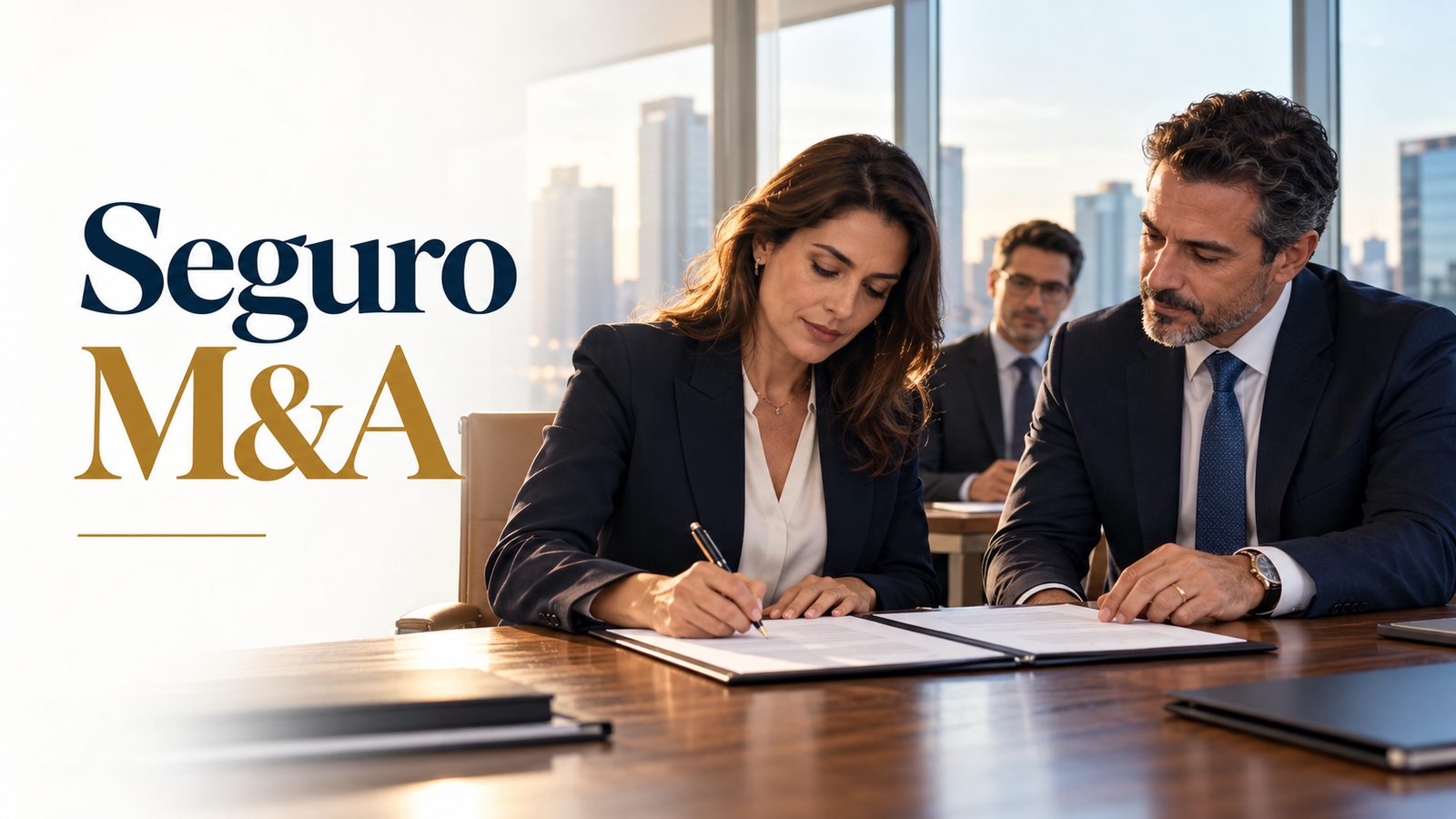 Executivos assinando contrato de aquisição de empresa em sala de reunião, ilustrando o seguro M&A.