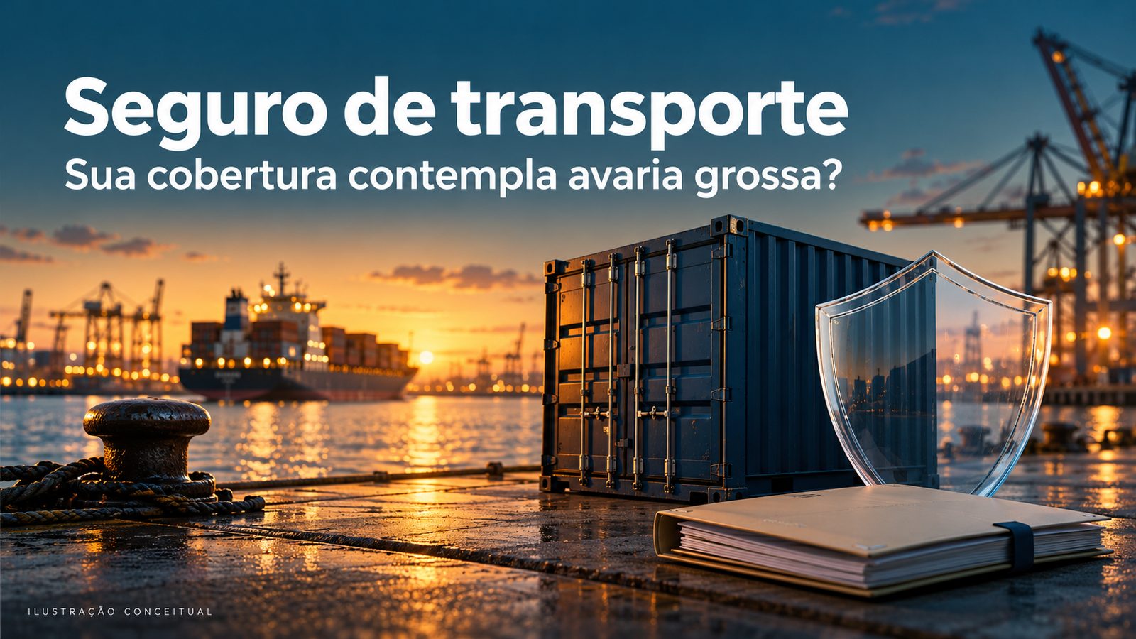 Ilustração conceitual de contêiner com um escudo de vidro, representando o seguro de transporte, em porto ao entardecer, com o texto Seguro de transporte: sua cobertura contempla avaria grossa?