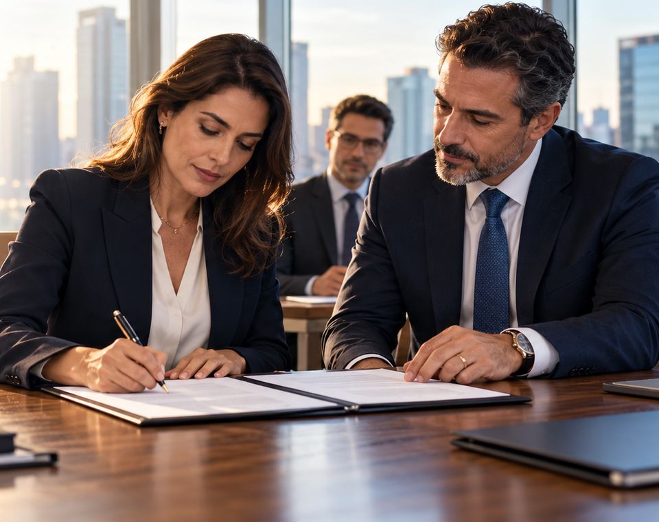 Executivos assinando o contrato de compra de uma empresa